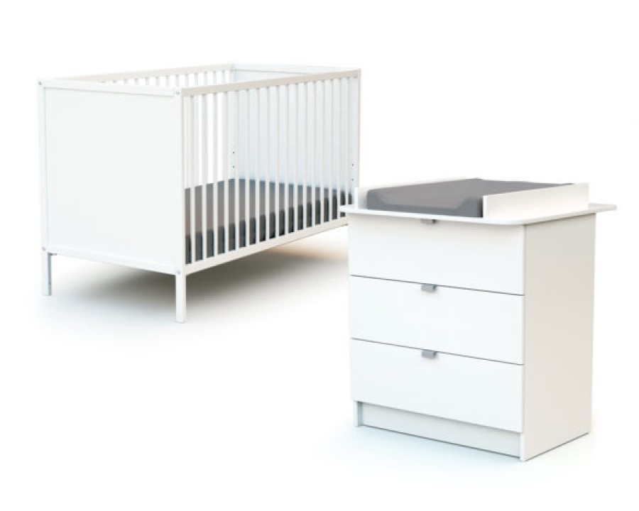 AT4 Duo Chambre Bebe Lit + Commode Blanc - Webaby A Tiroirs