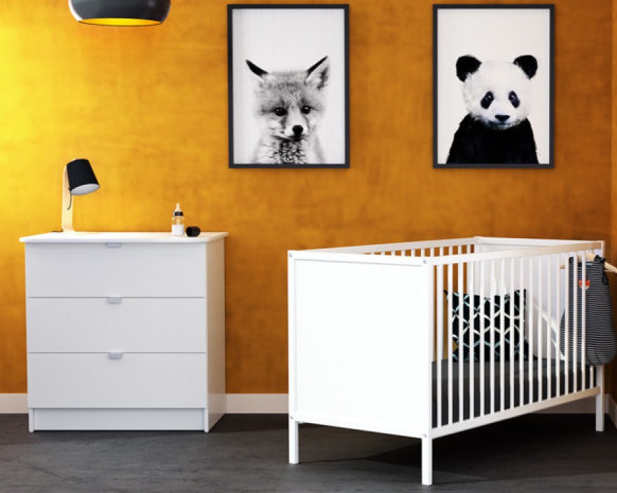 AT4 Duo Chambre Bebe Lit + Commode Blanc - Webaby A Tiroirs